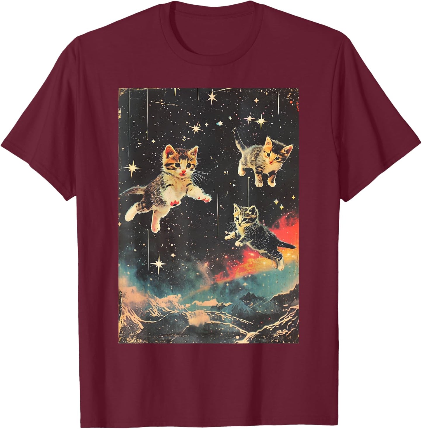 Funny Kittens Cat in Space Cute Vintage Art Retro T-Shirt - T-Shirt | Maroon
