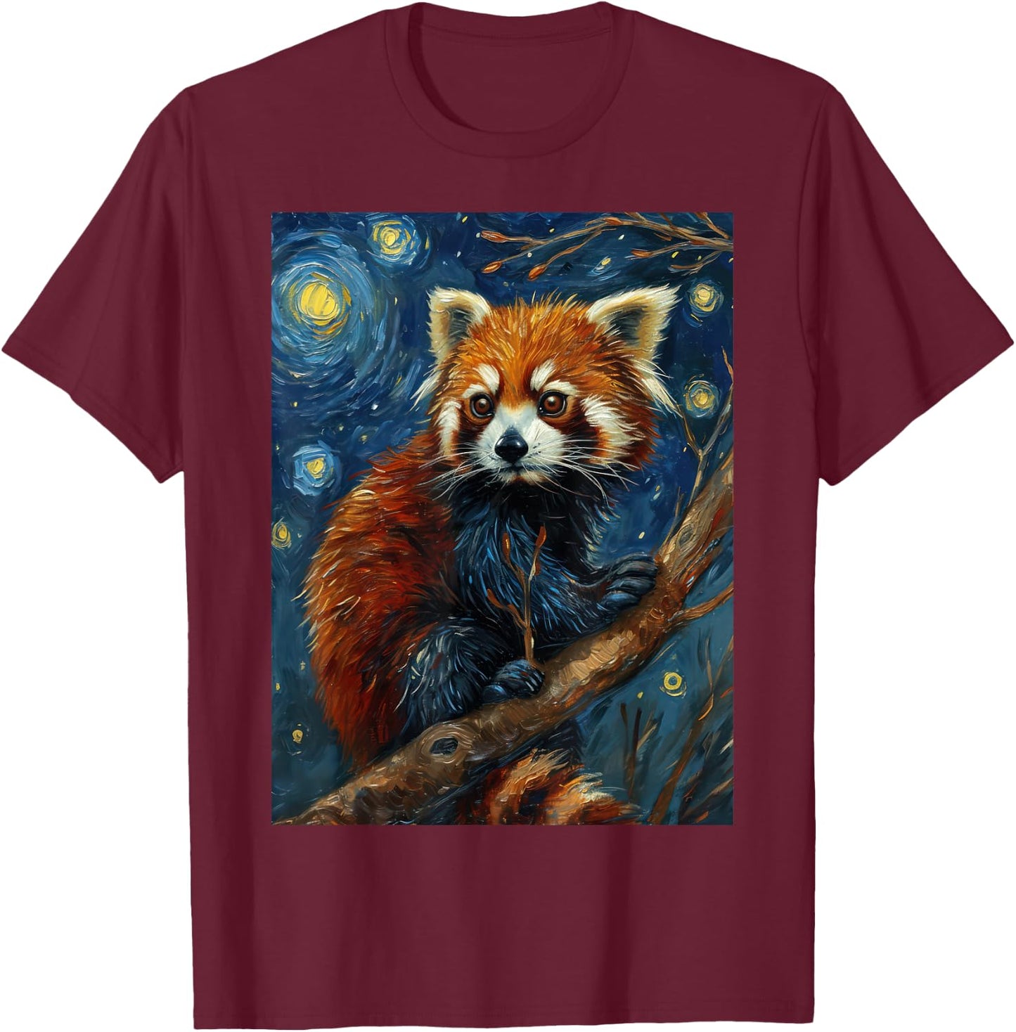 Red Panda Starry Night Van Gogh Style Graphic T-Shirt - T-Shirt | Maroon