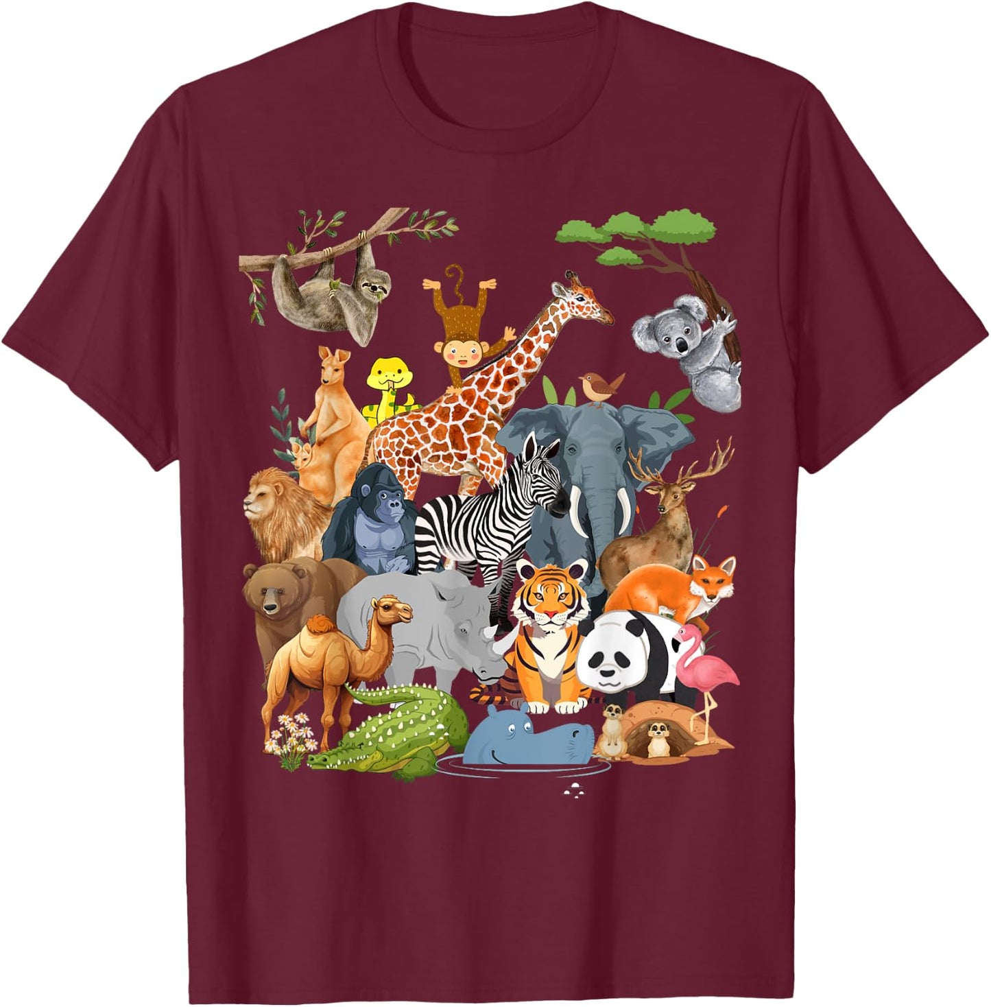 Men Women and Kids Wildlife Zoo Day Party Cute 22 Animals T-Shirt - T-Shirt | Maroon