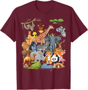 Men Women and Kids Wildlife Zoo Day Party Cute 22 Animals T-Shirt - T-Shirt | Maroon