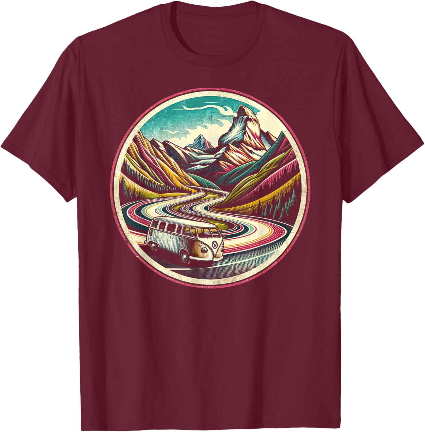Classic Van Scenic Road Vintage Art T-Shirt - T-Shirt | Maroon
