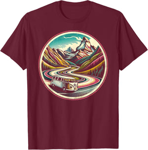 Classic Van Scenic Road Vintage Art T-Shirt - T-Shirt | Maroon