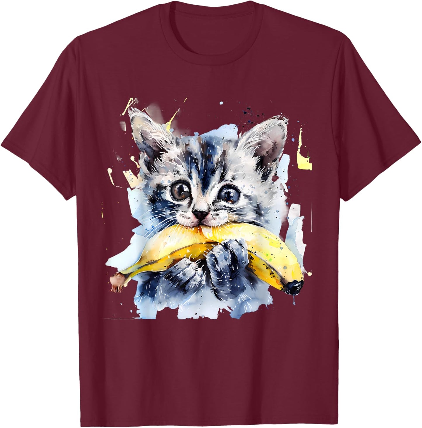 Banana Cat Watercolor Portrait Animal Art Bananas Fruit T-Shirt - T-Shirt | Maroon