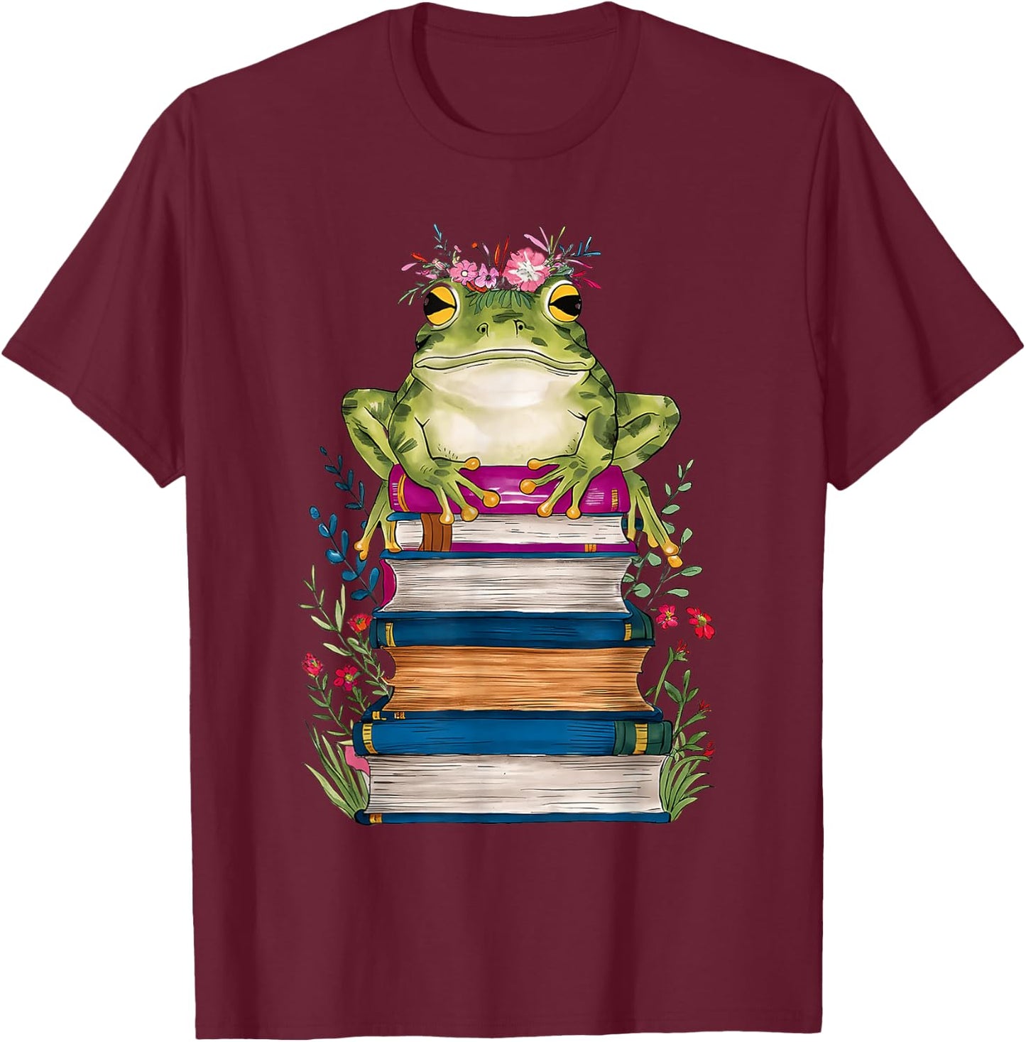Cute Frog With Book Floral Bookworm Librarian Book Lover T-Shirt - T-Shirt | Maroon