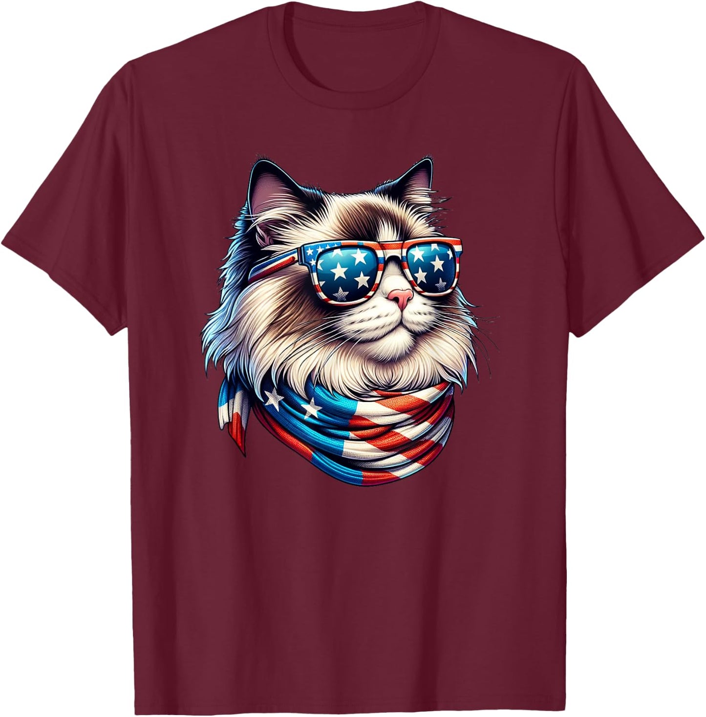 Ragdoll Cat USA Flag Sunglasses Patriotic Cat 4th of July Women Men T-Shirt - T-Shirt | Maroon