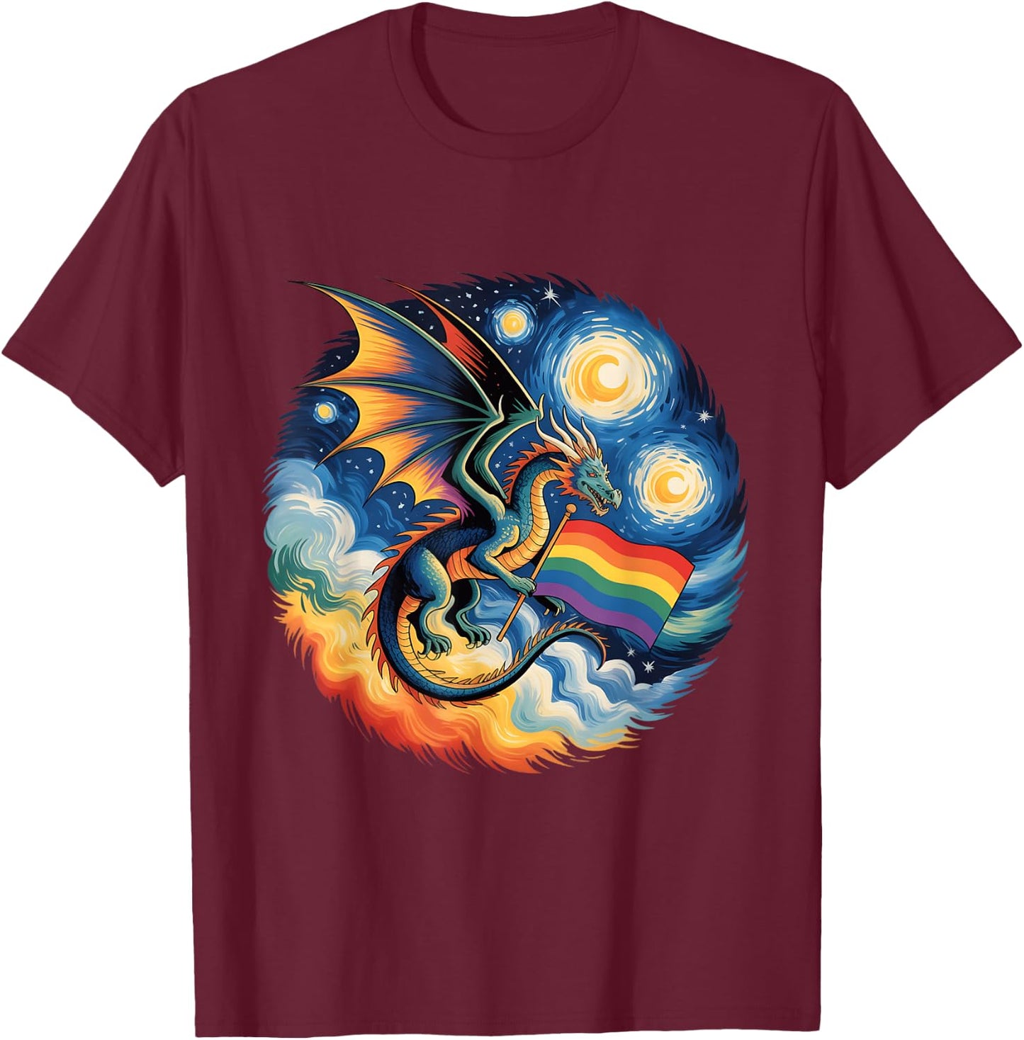 Van Gogh Starry Night Lgbtq Gay Pride Support Dragon T-Shirt - T-Shirt | Maroon