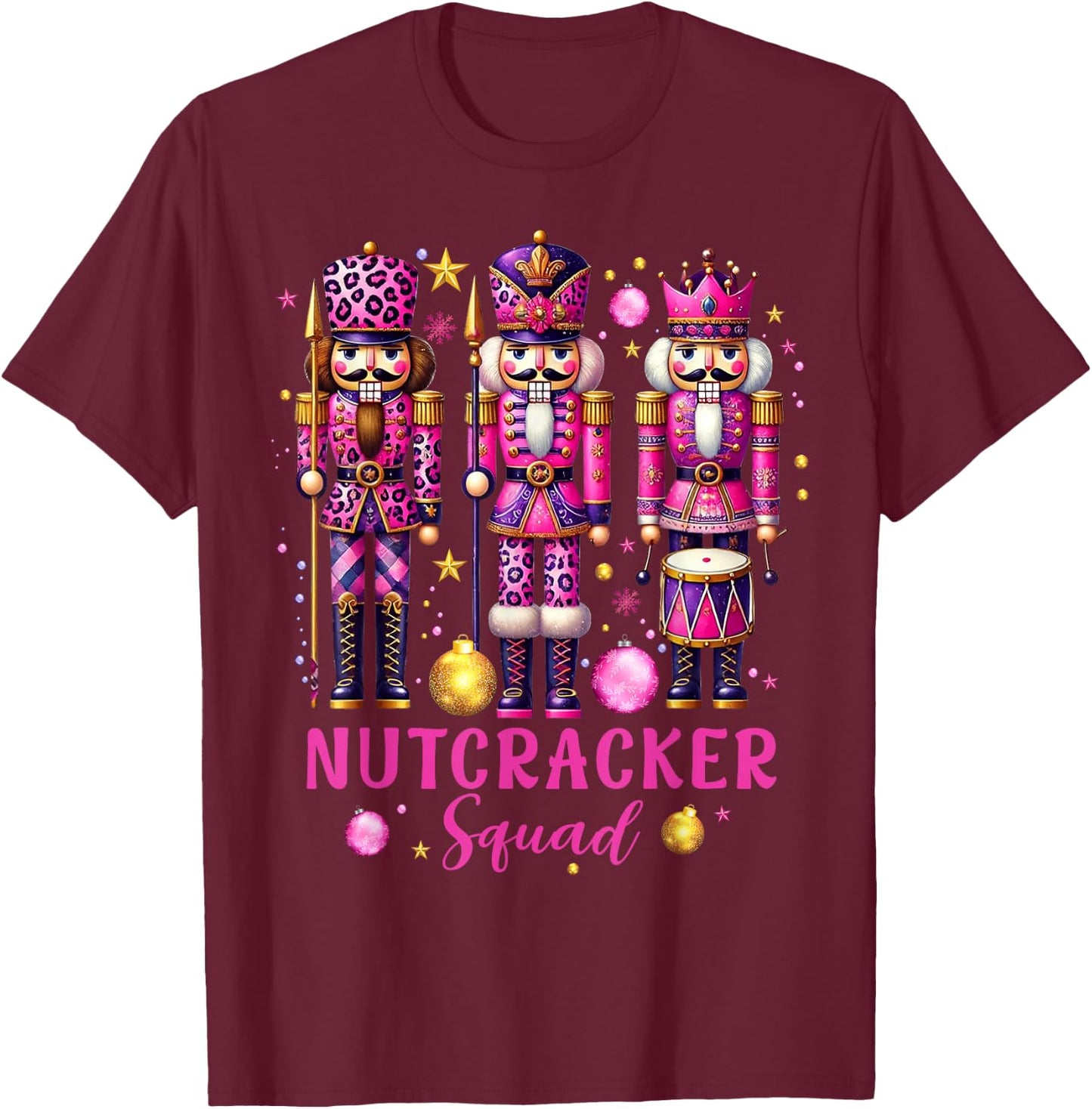 Leopard Nutcracker Squad Pink Christmas 2024 Pajamas Women T-Shirt - T-Shirt | Maroon
