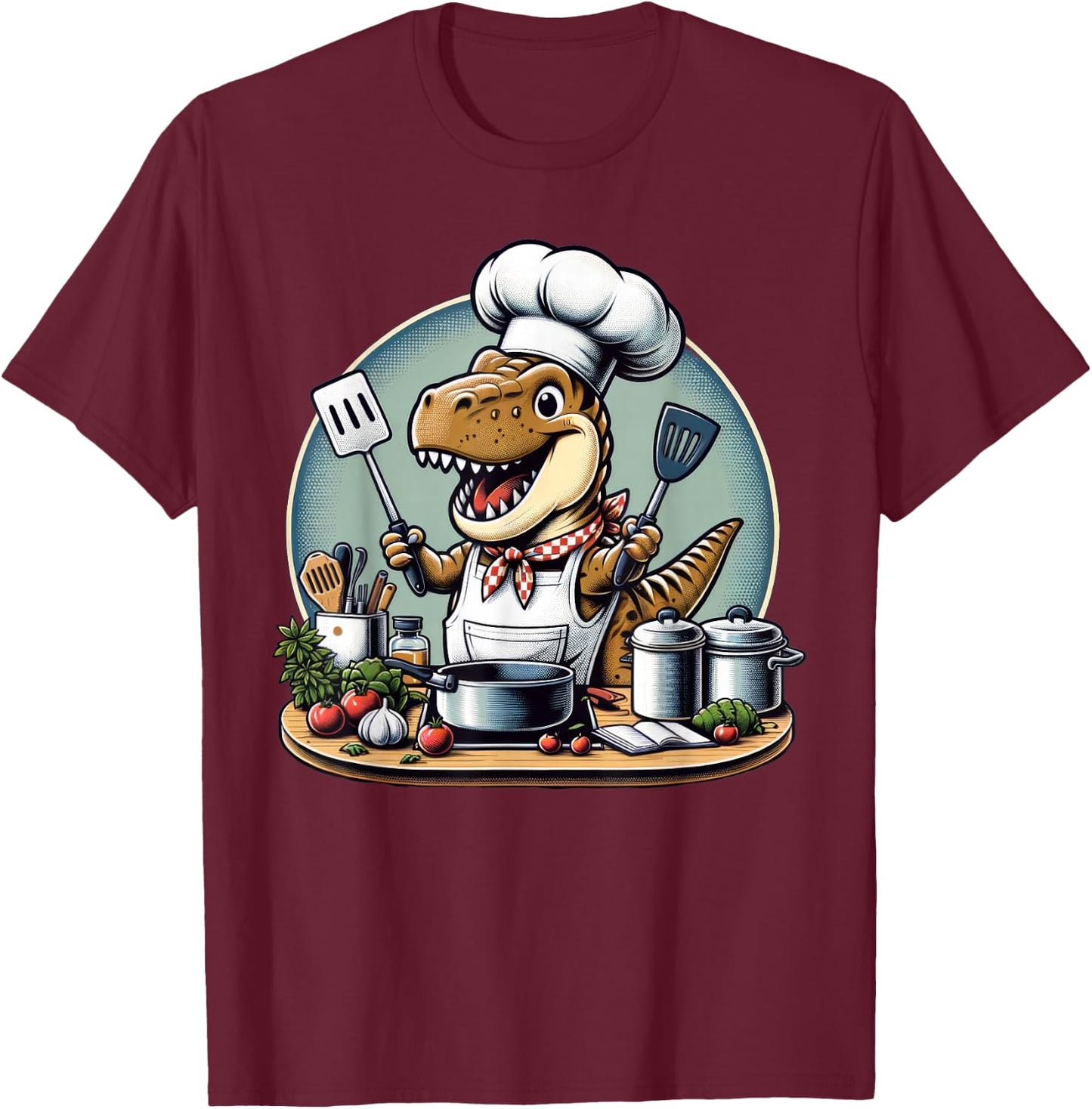 Funny Chef Dinosaur Cook Cooking T-Shirt - T-Shirt | Maroon