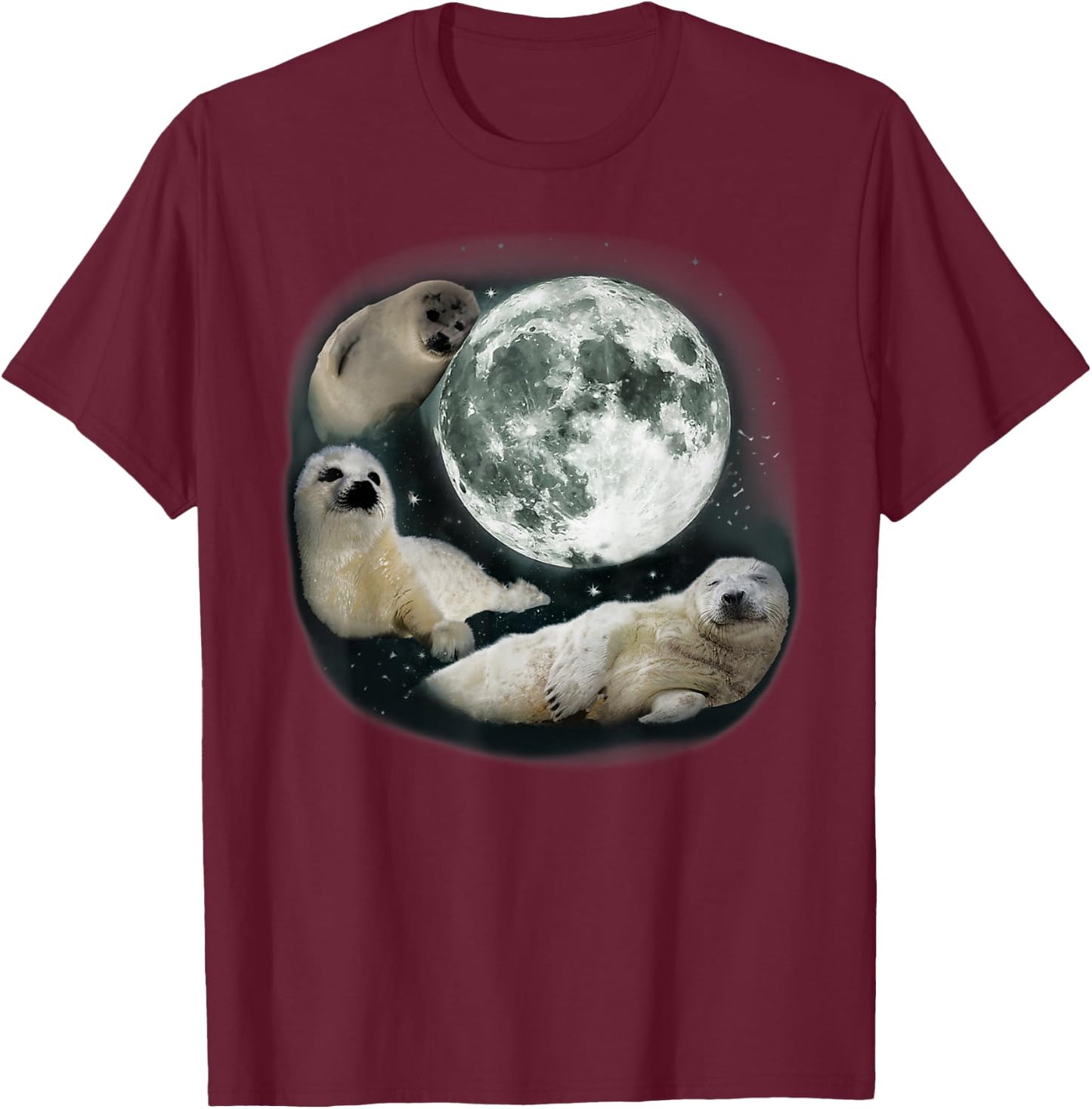 Three Sea Dog Howling At Moon Cute Sea Dog Ocean Animal T-Shirt - T-Shirt | Maroon