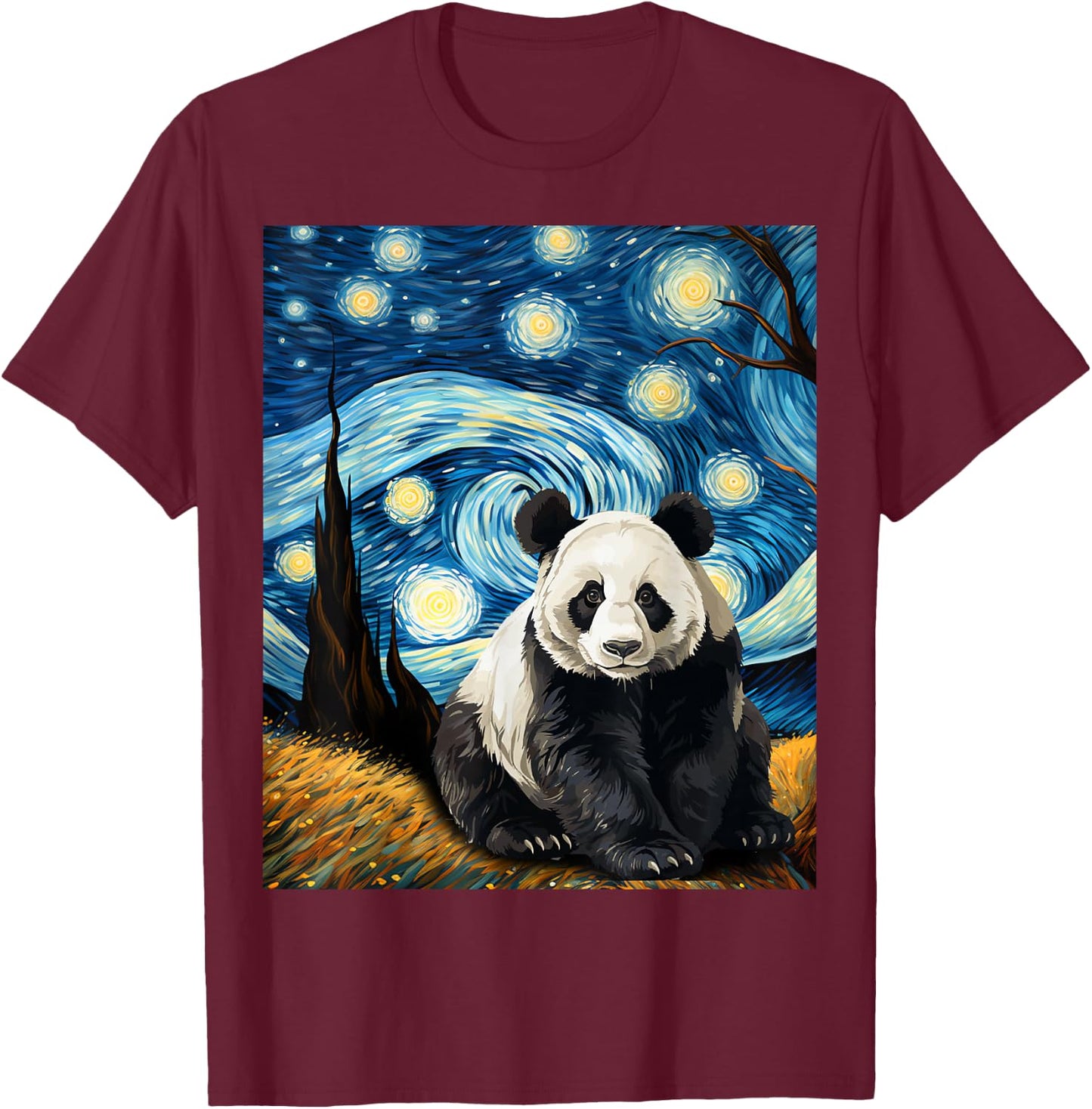 Panda Starry Night Men Kids Kawaii Van Gogh Graphic Apparel T-Shirt - T-Shirt | Maroon