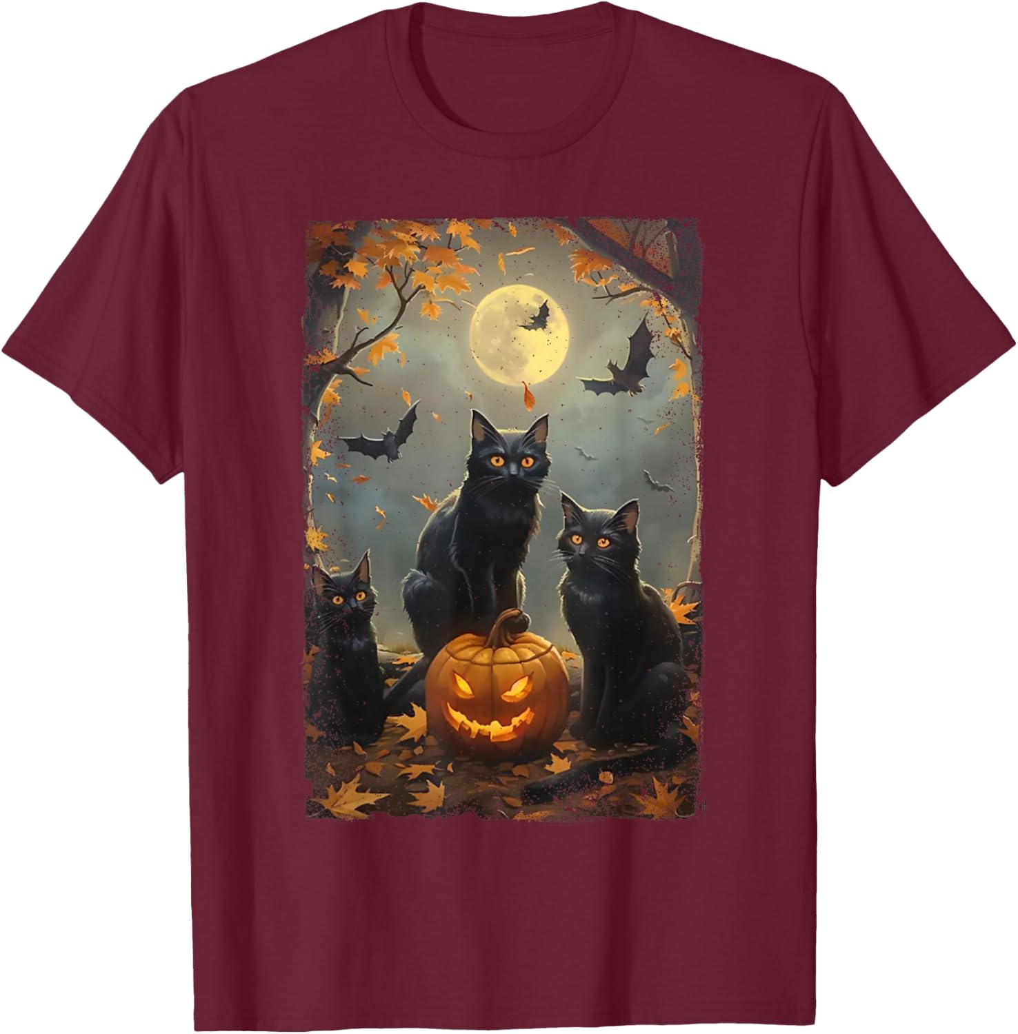 Vintage Three Black Cats Halloween Pumpkin Costume Cat Lover Women Kids T-Shirt - T-Shirt | Maroon