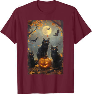 Vintage Three Black Cats Halloween Pumpkin Costume Cat Lover Women Kids T-Shirt - T-Shirt | Maroon