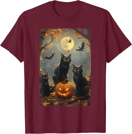 Vintage Three Black Cats Halloween Pumpkin Costume Cat Lover Women Kids T-Shirt - T-Shirt | Maroon