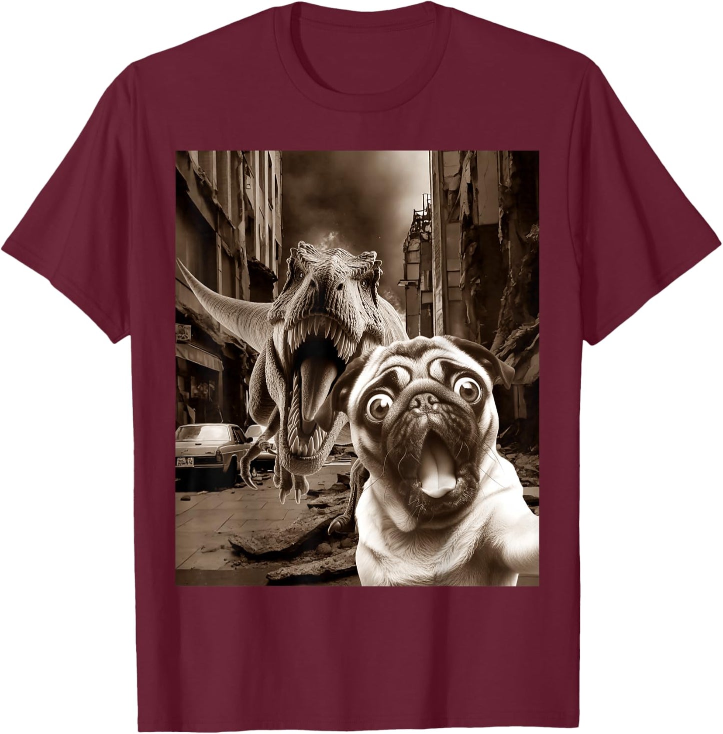 Funny Pug Selfie With T-rex Tyrannosaurus Dog Dinosaur T-Shirt - T-Shirt | Maroon