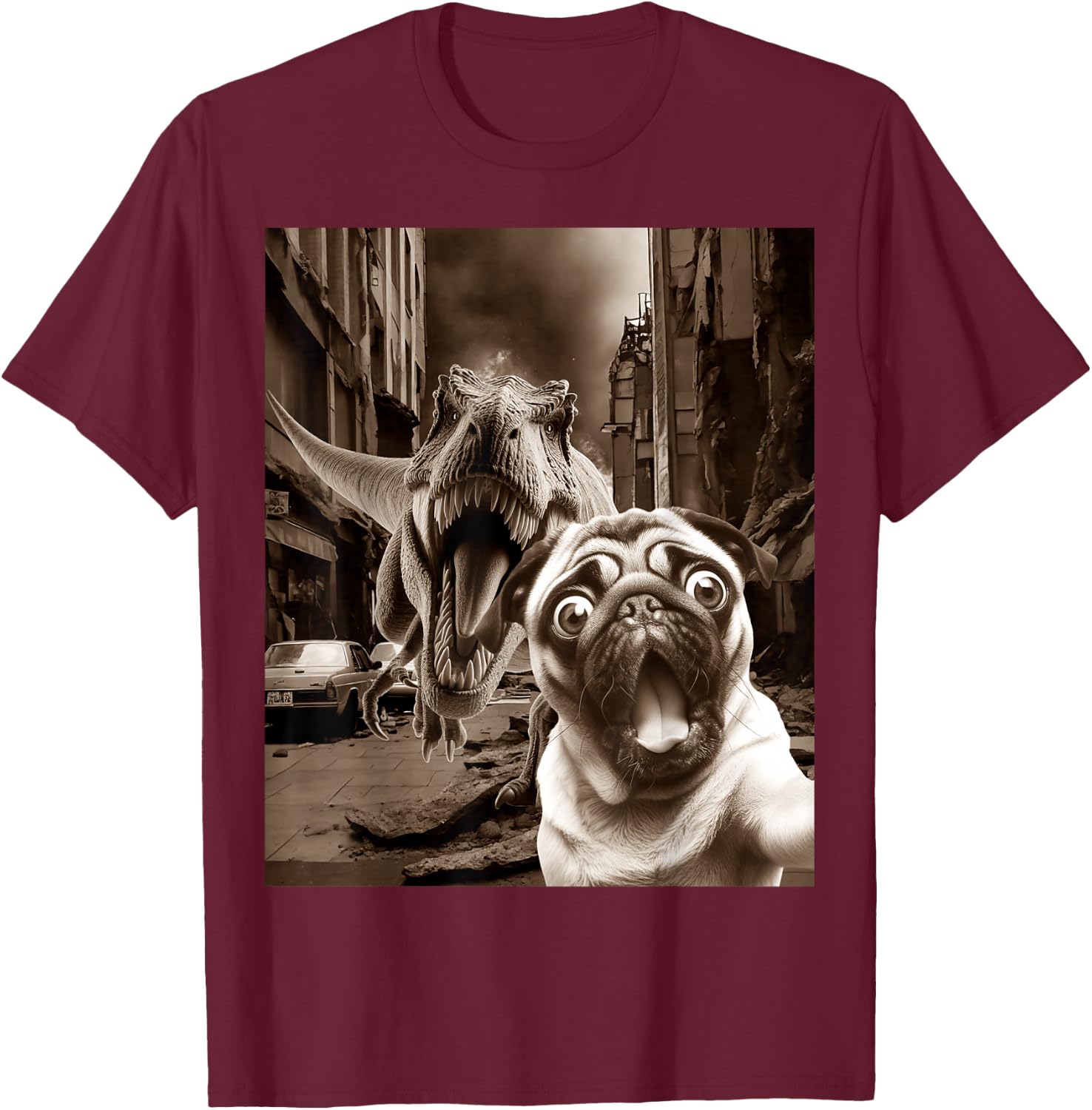 Funny Pug Selfie With T-rex Tyrannosaurus Dog Dinosaur T-Shirt - T-Shirt | Maroon