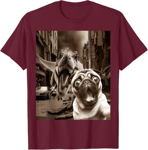 Funny Pug Selfie With T-rex Tyrannosaurus Dog Dinosaur T-Shirt - T-Shirt | Maroon