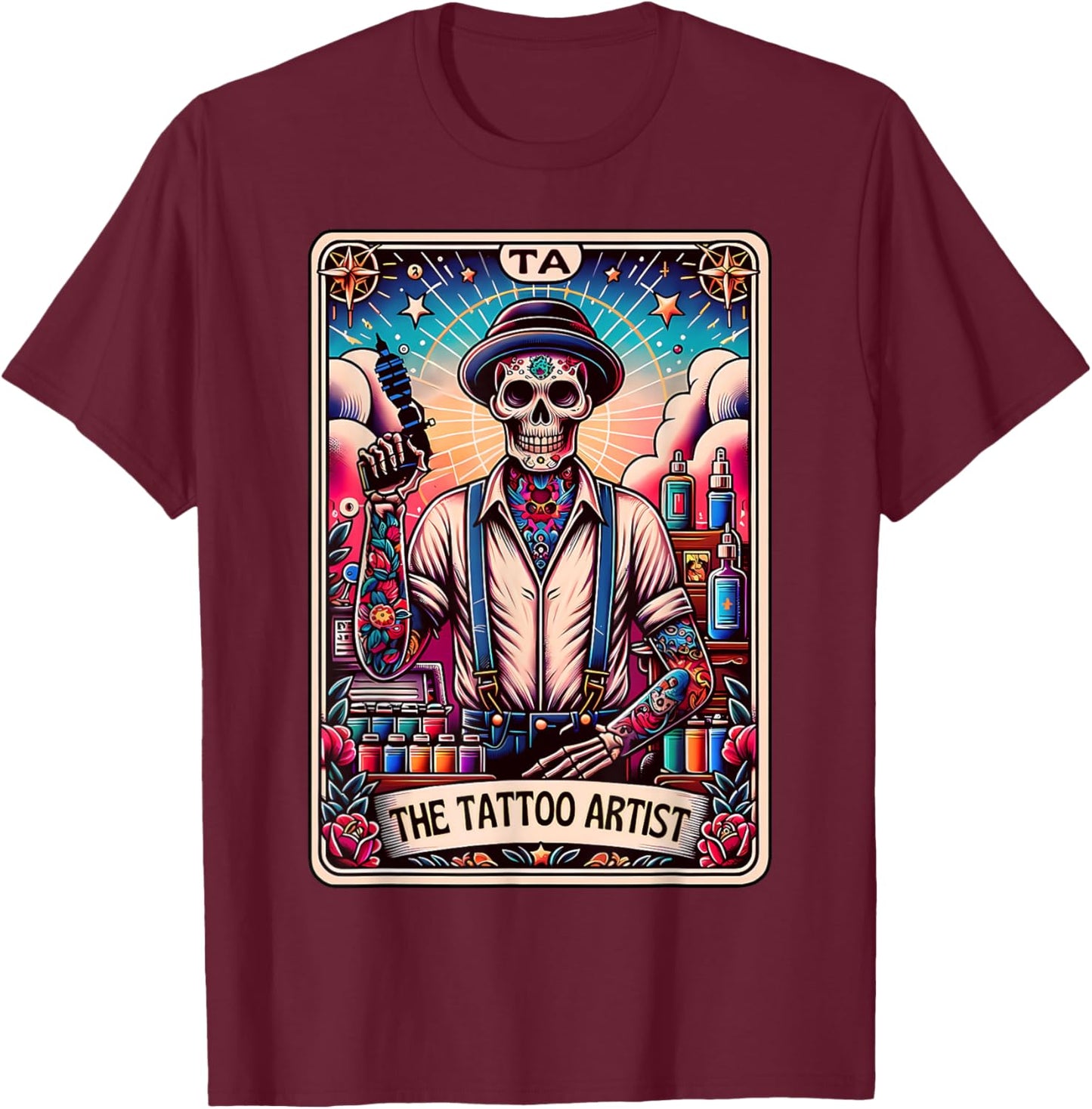 Tattoo Artist Tarot Card Skeleton Drawing Tattooist Tarot T-Shirt - T-Shirt | Maroon