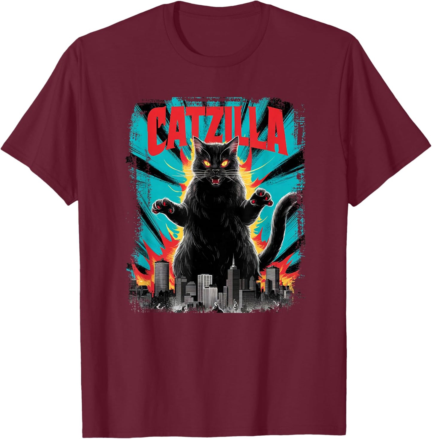 Catzilla Funny Cat Graphic Japanese Cityscape T-Shirt - T-Shirt | Maroon