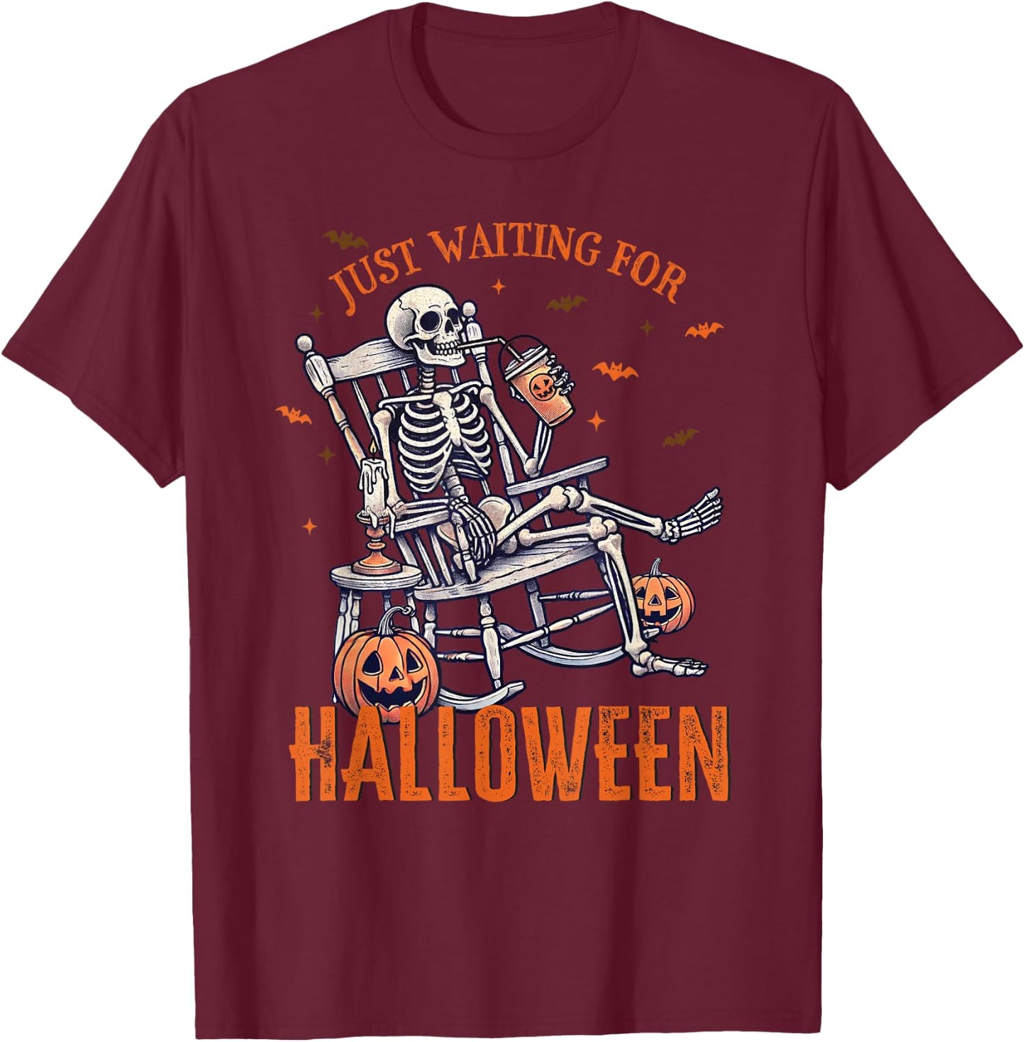 Funny Just Waiting For Halloween Skeleton Spooky Vibe Summer Men Women T-Shirt - T-Shirt | Maroon