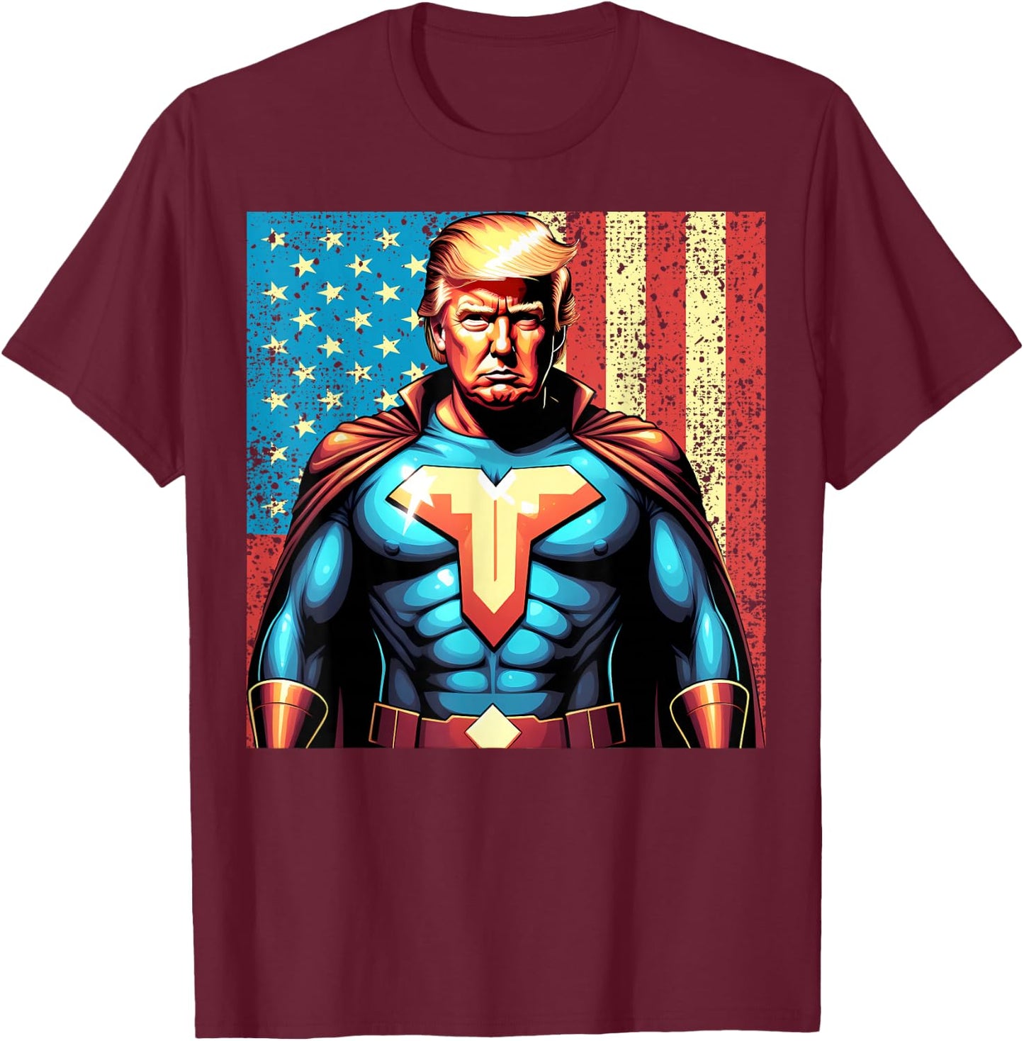 Donald Trump 2024 Superhero Distressed American Flag T-Shirt - T-Shirt | Maroon