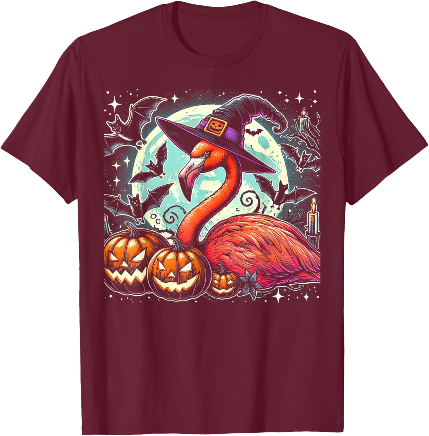 Flamingo Witch Halloween - Spooky Pumpkin Art T-Shirt - T-Shirt | Maroon