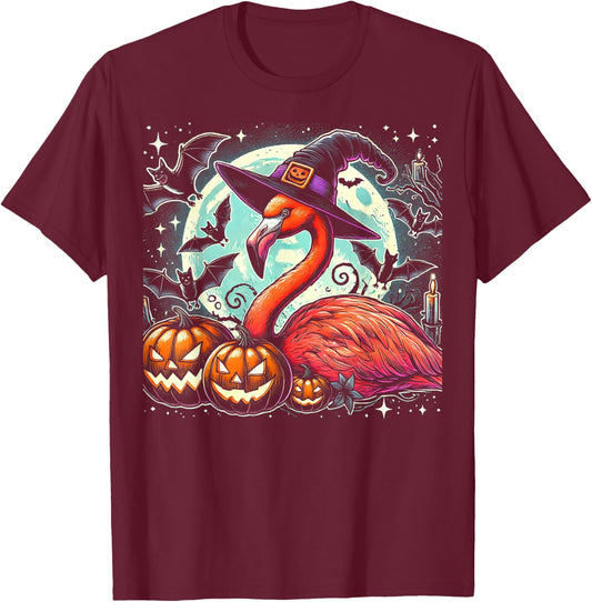 Flamingo Witch Halloween - Spooky Pumpkin Art T-Shirt - T-Shirt | Maroon