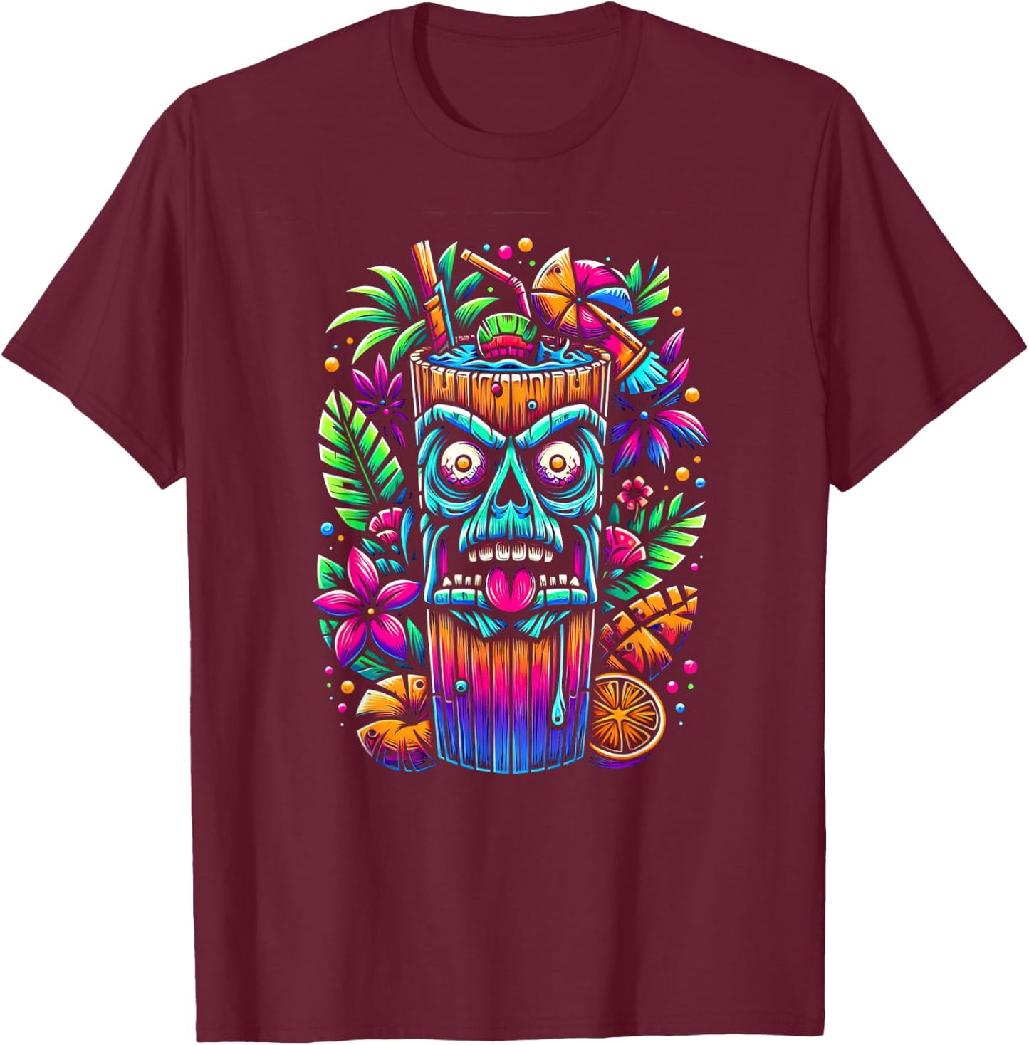 Zombie Tiki Glass Tropical Horror Fan Fun Summer Vacation Men Women T-Shirt - T-Shirt | Maroon