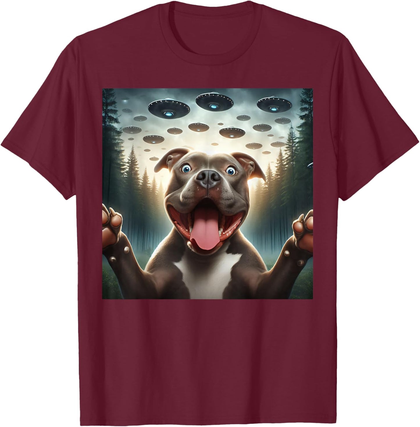 Pitbull Selfie with UFO alien funny surprised Pitbull dog Men Women Kids T-Shirt - T-Shirt | Maroon