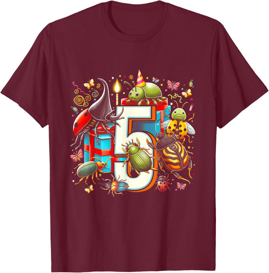 Kids 5th Birthday Bugs Insects Beetles Biology 5 Year Old T-Shirt - T-Shirt | Maroon