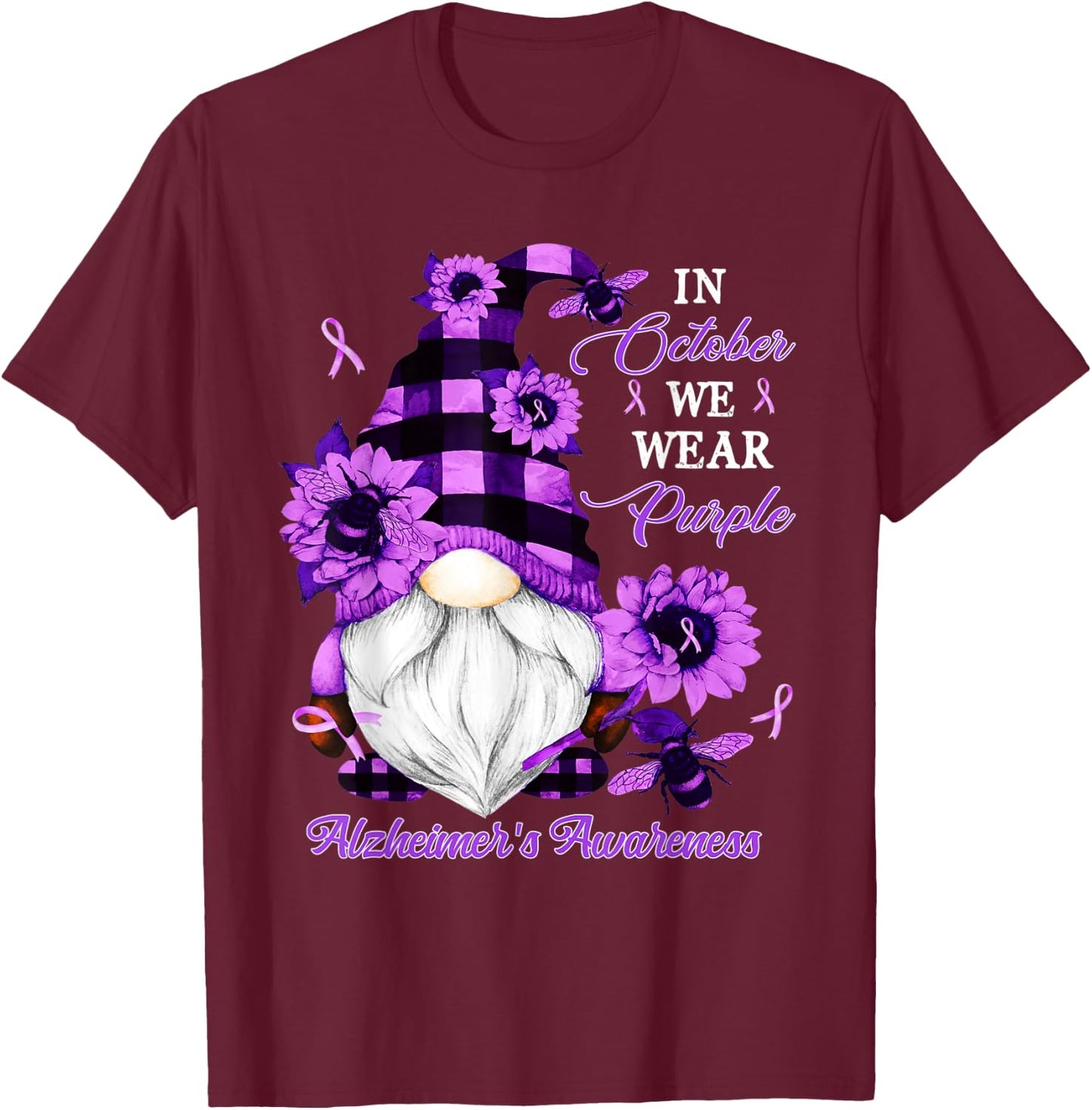 In October We Wear Purple Gnome Alzheimer's Awareness T-Shirt - T-Shirt | Maroon
