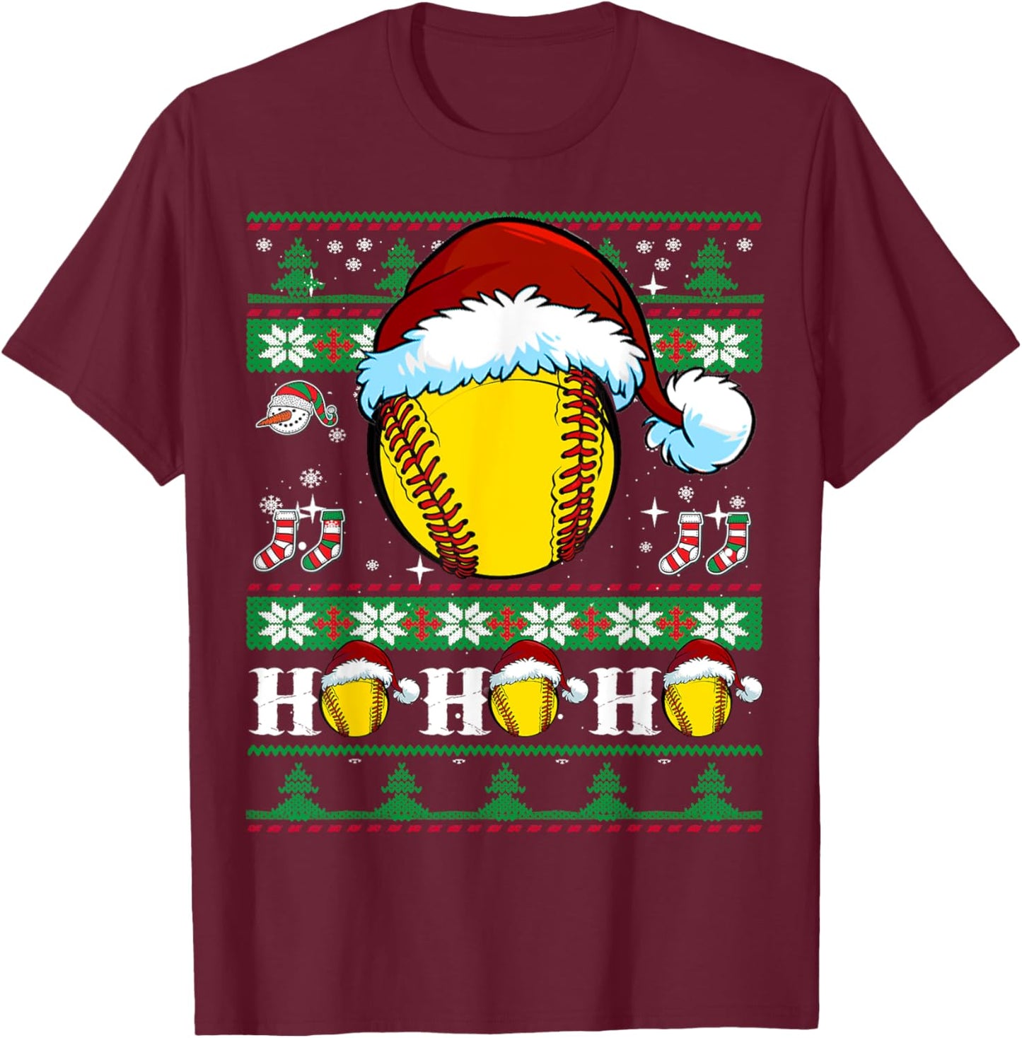 Ugly Christmas Softball Ho Ho Funny Xmas Sports Santa Hat T-Shirt - T-Shirt | Maroon