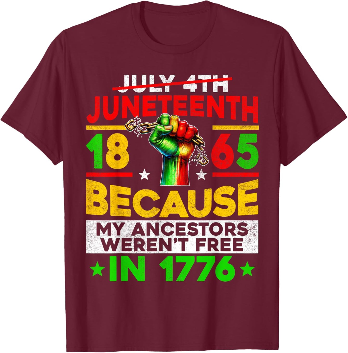 Juneteenth 1865 Because My Ancestors Werent Free Men Women T-Shirt - T-Shirt | Maroon