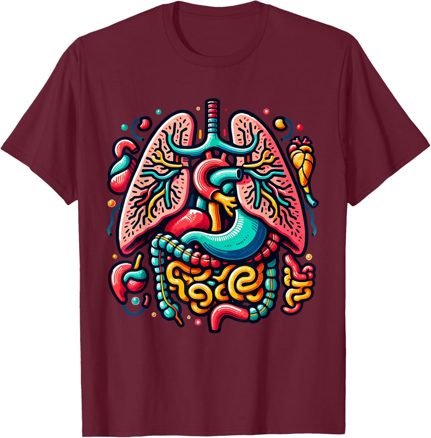 Colorful Human Body Anatomy Illustrated Internal Organs Art T-Shirt - T-Shirt | Maroon