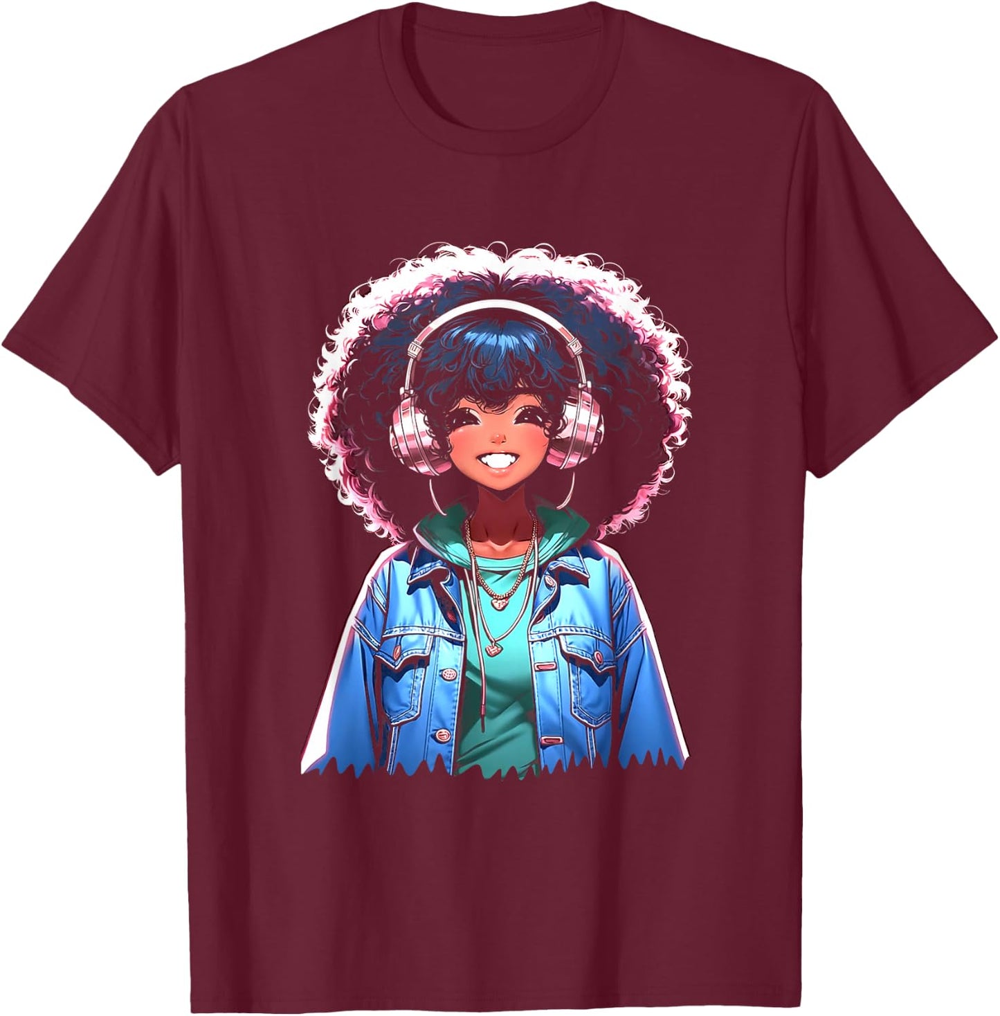 Anime and Music Black Girl Anime Merch Afro African American T-Shirt - T-Shirt | Maroon