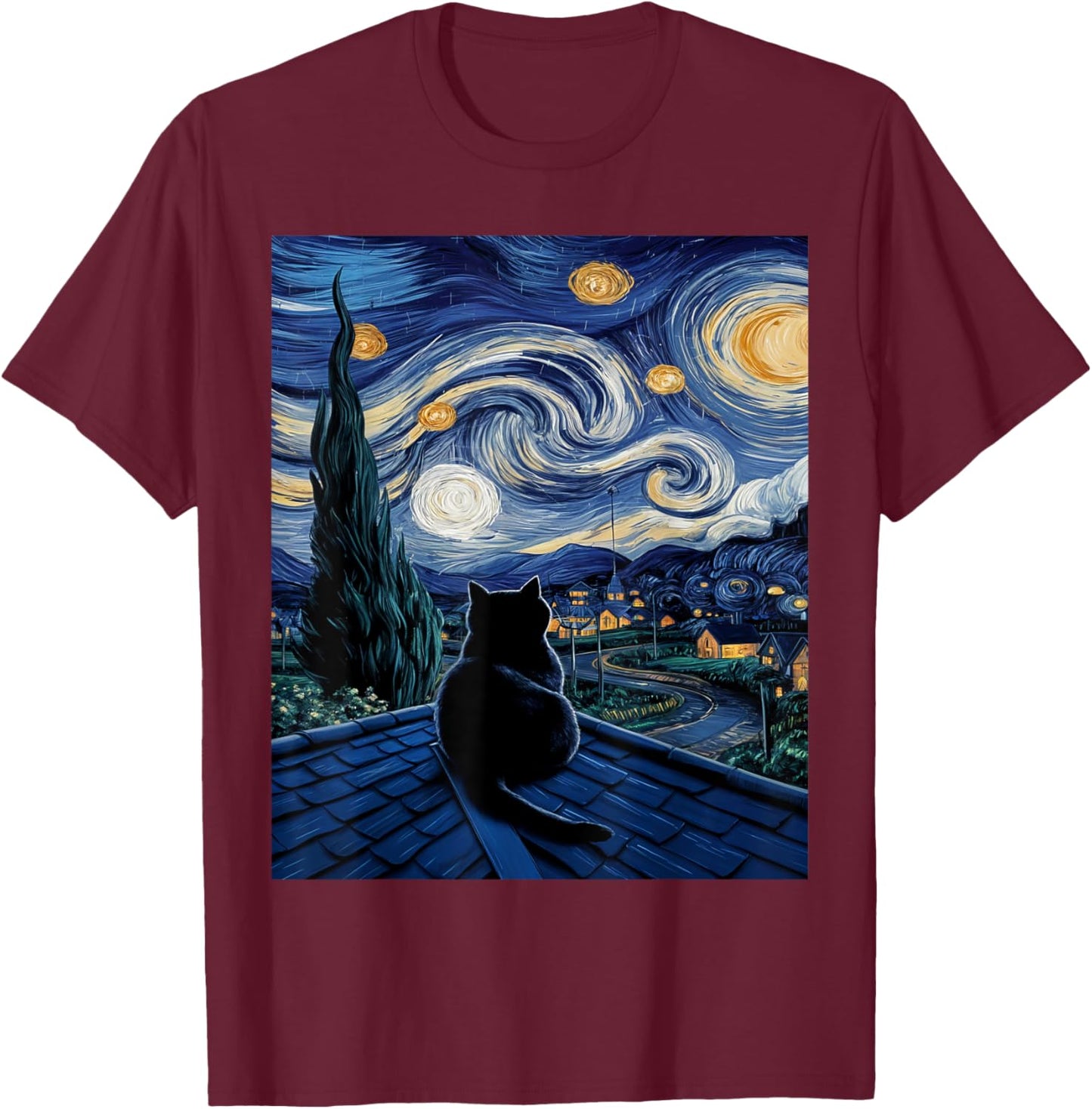 Cat Starry Night Van Gogh Cat For Cat Lover Cat Mom Cat Dad T-Shirt - T-Shirt | Maroon