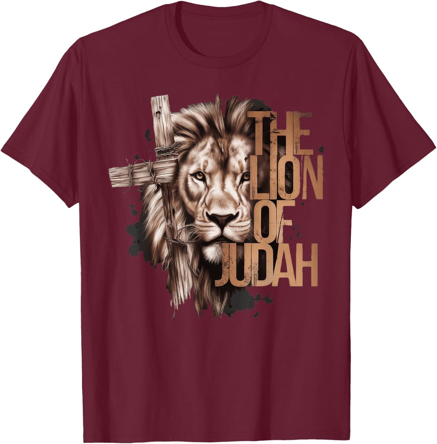 King Jesus Lion of Judah Christian Cross Faith T-Shirt - T-Shirt | Maroon