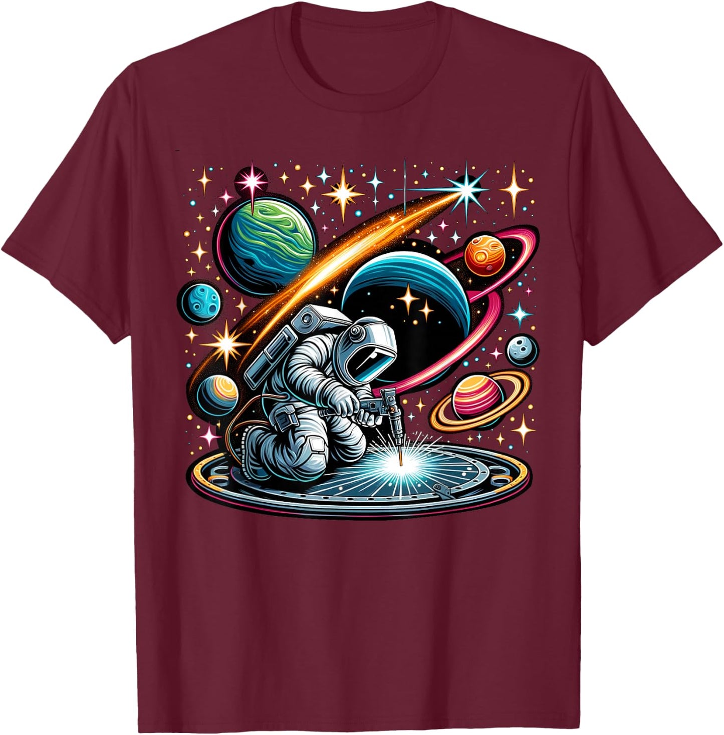 Welder Astronaut Welding metal pieces together T-Shirt - T-Shirt | Maroon