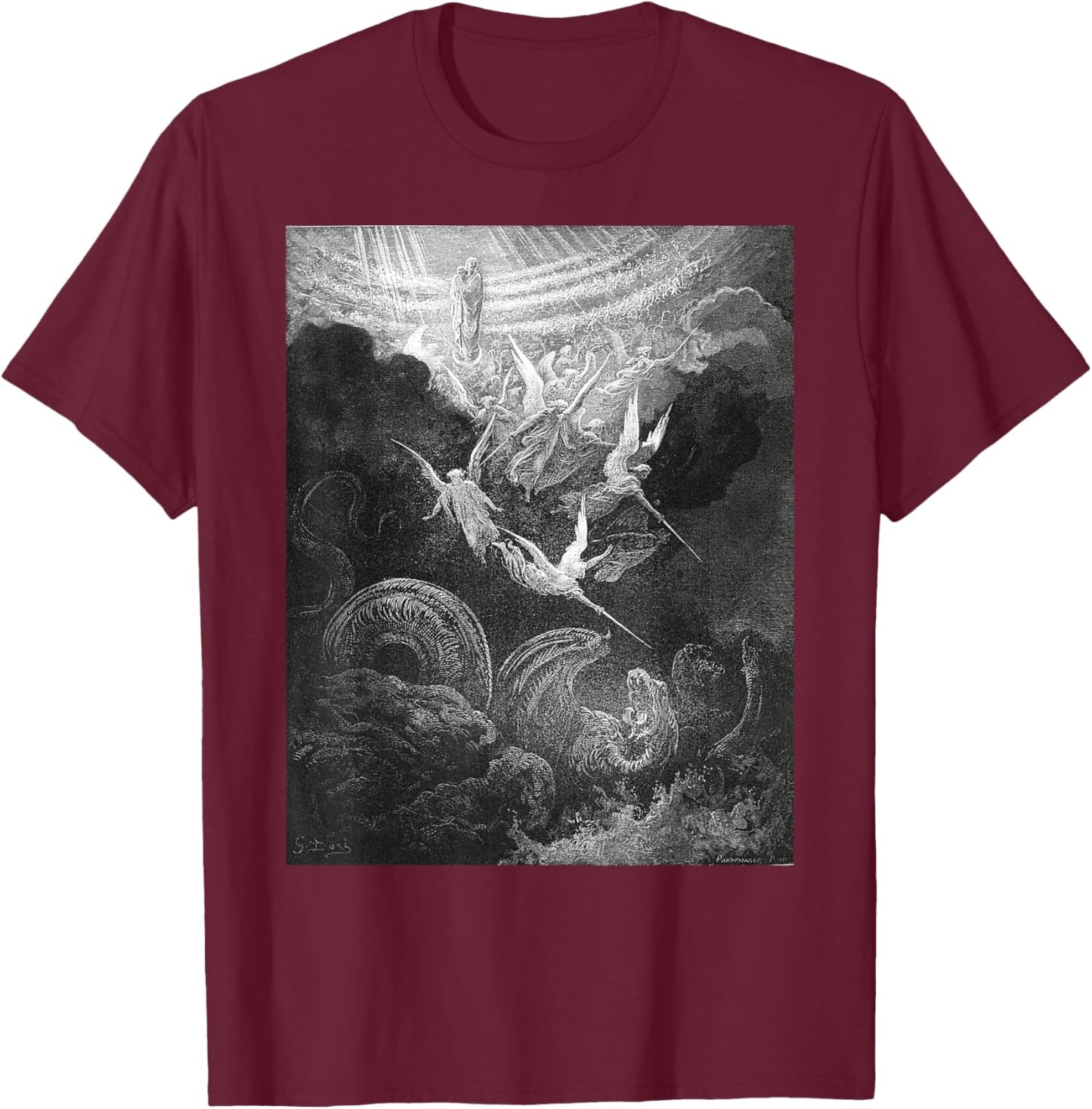 Gustave Dore Archangel Michael and Angels Fighting Dragon T-Shirt - T-Shirt | Maroon