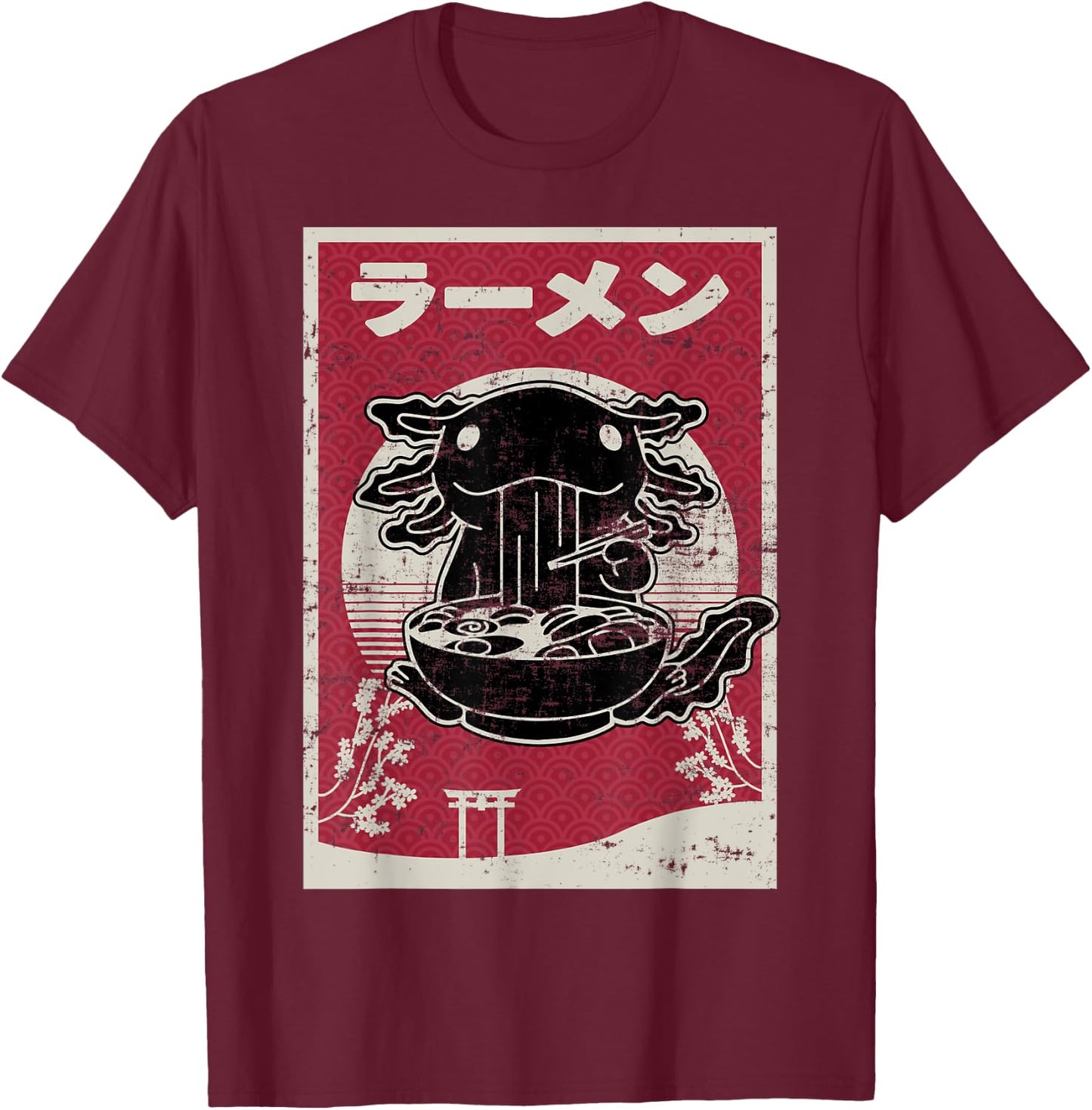 Kawaii Axolotl Ramen Japanese Woodblock Art Anime Boys Teens T-Shirt - T-Shirt | Maroon