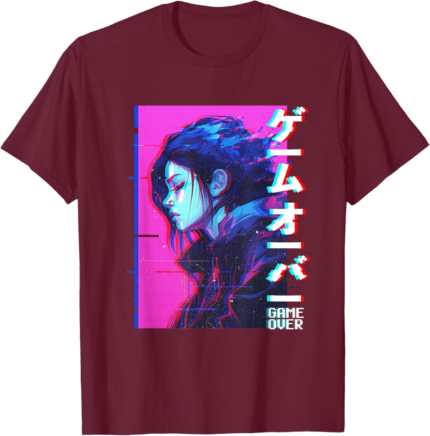 Sad Japanese Anime Girl Game Over Vaporwave Aesthetic T-Shirt - T-Shirt | Maroon