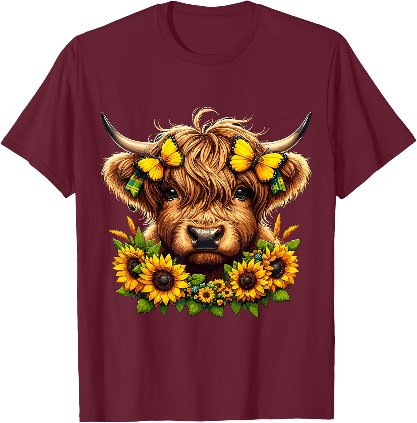 Highland Cow Sunflowers and Butterflies Highland Cattle T-Shirt - T-Shirt | Maroon