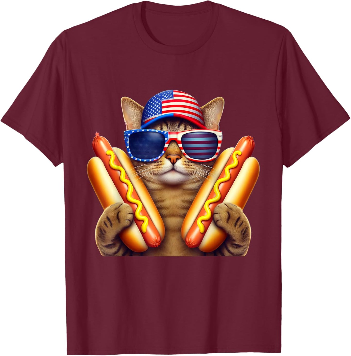 4th of July Hotdog Cat Funny Patriotic Cat USA Flag Wiener T-Shirt - T-Shirt | Maroon