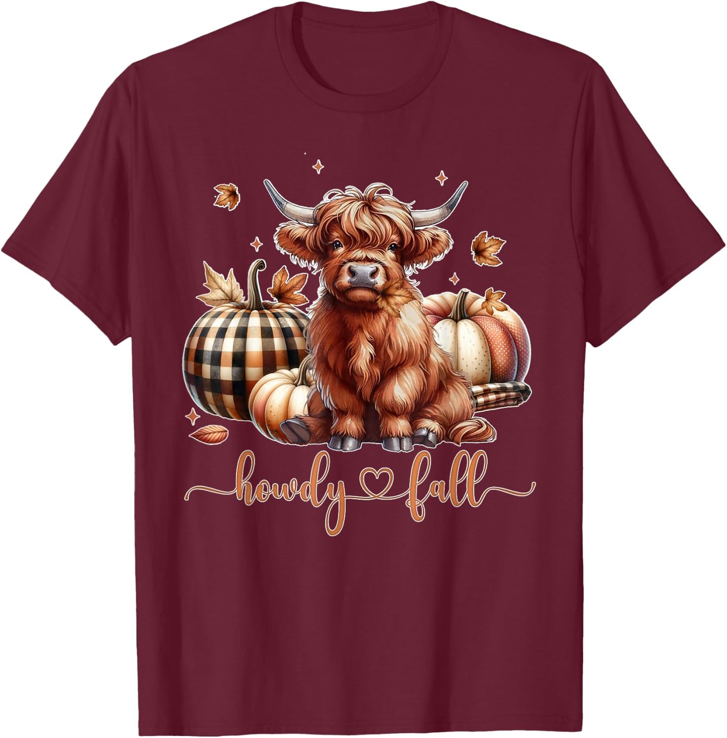 Howdy Fall Western Farm Country Highland Cow Autumn Pumpkin T-Shirt - T-Shirt | Maroon