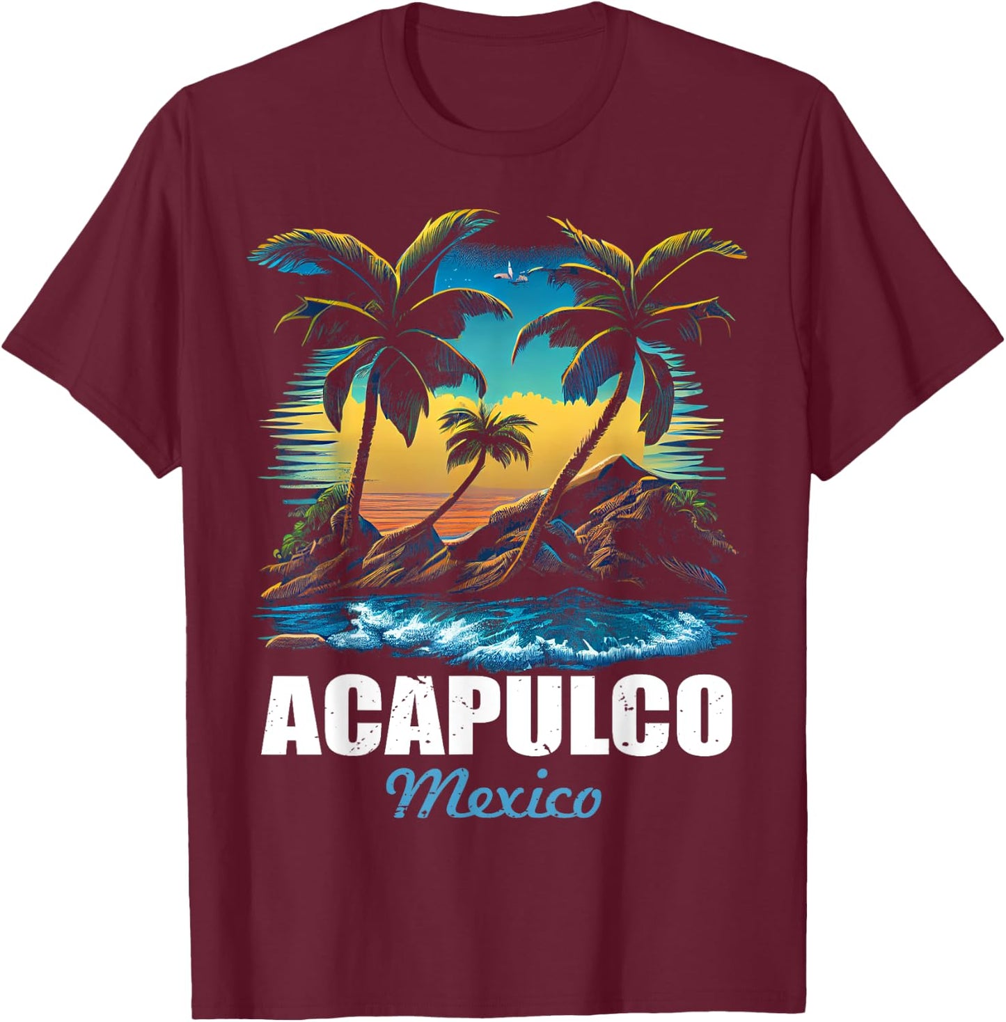 Retro Acapulco Mexico Sunset Vintage Vacation Souvenir T-Shirt - T-Shirt | Maroon
