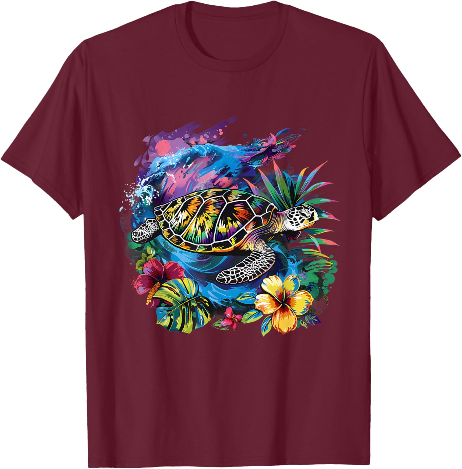 Sea Turtle Floral Artwork Marine Mammal Sea Ocean Animal T-Shirt - T-Shirt | Maroon