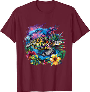 Sea Turtle Floral Artwork Marine Mammal Sea Ocean Animal T-Shirt - T-Shirt | Maroon