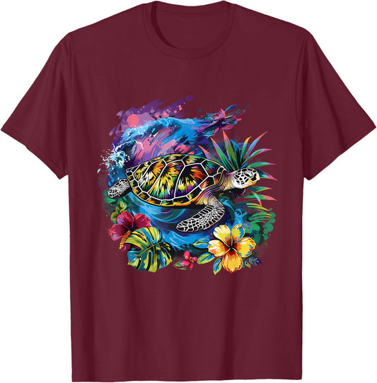 Sea Turtle Floral Artwork Marine Mammal Sea Ocean Animal T-Shirt - T-Shirt | Maroon