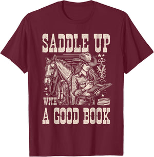 Saddle Up with a Good Book - Cowgirl Western Women Vintage T-Shirt - T-Shirt | Maroon
