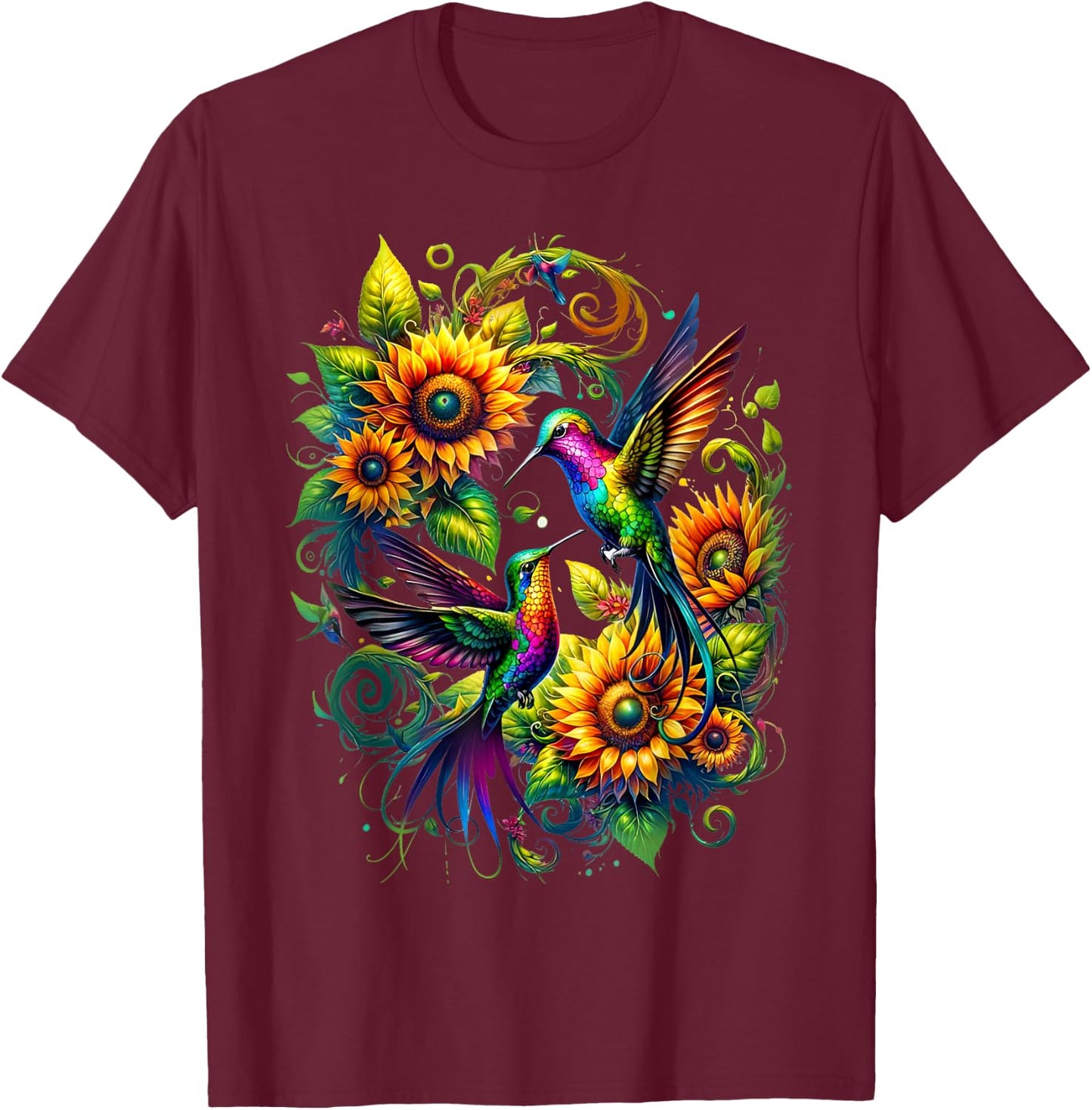Colorful Hummingbird Sunflower Birds Watching Art Women Men T-Shirt - T-Shirt | Maroon