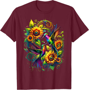 Colorful Hummingbird Sunflower Birds Watching Art Women Men T-Shirt - T-Shirt | Maroon